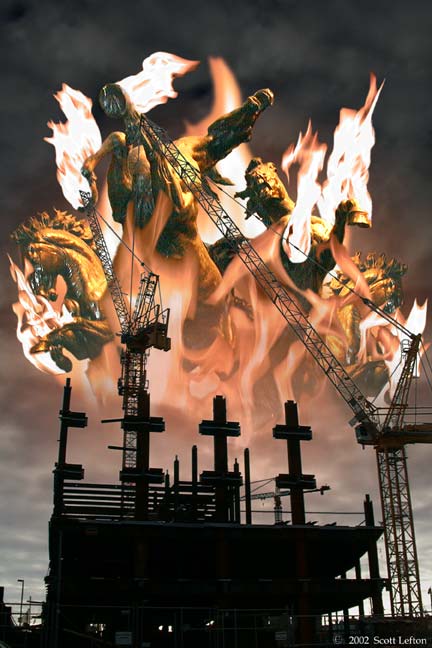 Apocalypse Horses rear in flames over a partially built structure.