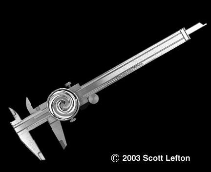 A black and white image of a dial caliper with a swirling spiral where the dial face would be.  