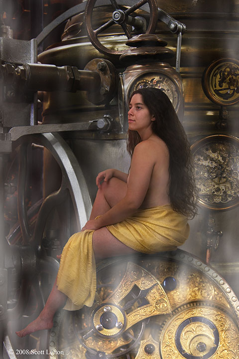 A woman draped in gold fabric sits on a large golden clockwork and is surrounded by clockwork and steam machinery.