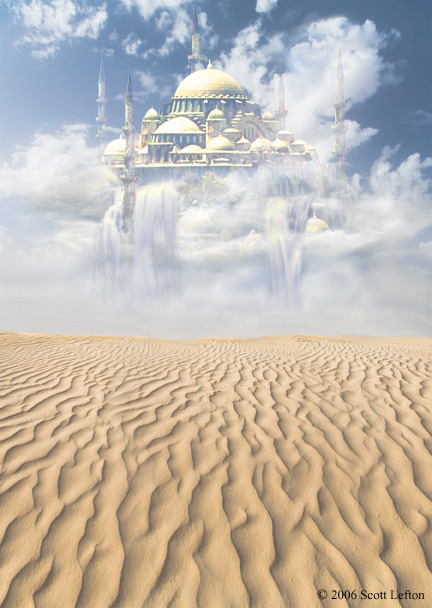 A  fantastic golden domed castle floats amidst clouds above a desolate desert landscape.  Waterfalls pour from the castle but never reach the ground.  