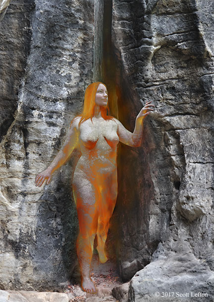 A fiery woman steps out of an opening in a rock wall, turning into rock and then flesh as she emerges.
