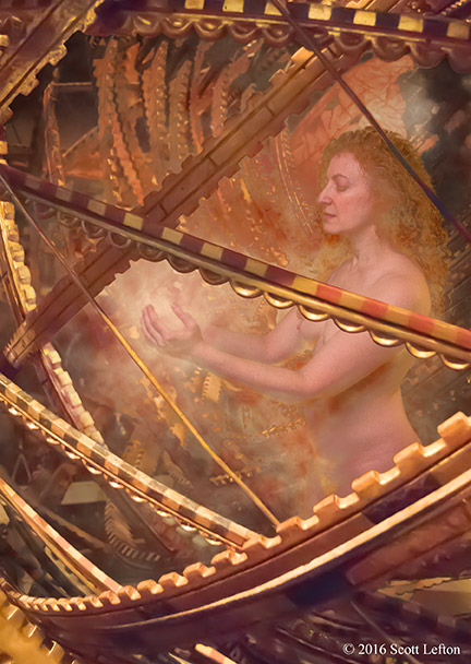A woman stands inside an ornate spherical frame made of rings of gears, and summons a ball of glowing energy between her hands.  The light of the energy illuminates her and the inside of the sphere.