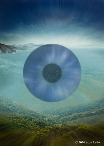 Free Will - A landscape and ocean bay, with the lighting and an iris superimposed suggesting an eye.
