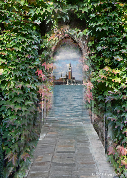 A paved walkway lined with ivy ;leads to a ghostly archway. At the archway, the paver blocks turn into water. At the edges of the pathway and the archway, the ivy is ghostly. Through the archway is an expanse of water, with buildings on the far side.