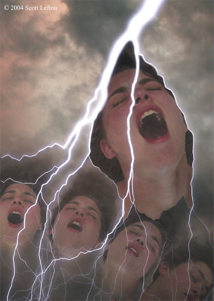 Several images of a screaming woman are divided by the forks of a lightning bolt