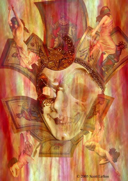 A half skull, half jester carnival mask is surrounded by flying and falling figures..