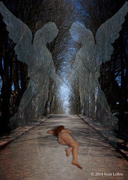 A figure lies prone on a darkly tree-lined path with  ghostly angel figures standing over them.