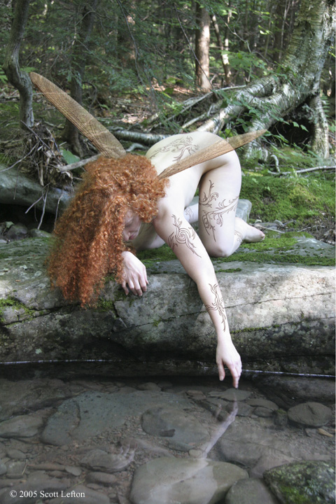 A fair-skinned faerie with bright red-orange curly hair crouches by a stony riverbank and reaches down to touch the water, in which her reflection can be faintly seen.  She has a single pair of dragonfly-like wings and numerous winding, thorny tattos.  There is greenery in the background.  