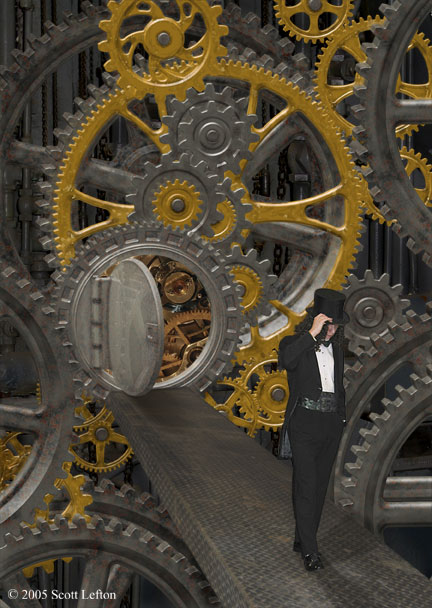 A man in tuxedo and top hat walks along a ramp away from a doorway into a large, complicated geared machine.  