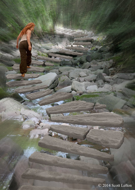 A figure walks along a stairway of stone slabs, which float in the air over a river in a forest.