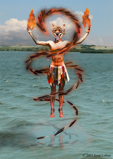 A coyote-headed man floats in the air above water, a swirl of flaming raven feathers around him.