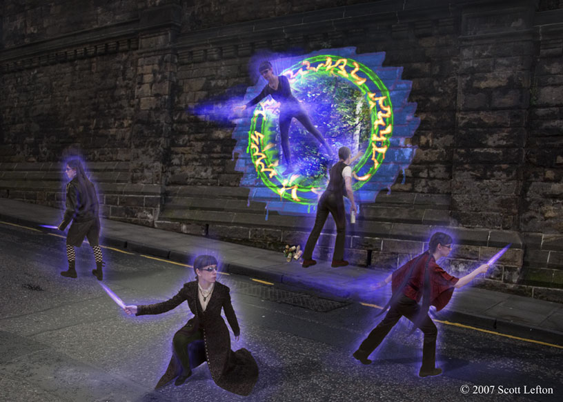 Charmpunk - Five darkly clad Fey have just entered through a gate formed by graffiti runes sprayed on a stone wall.